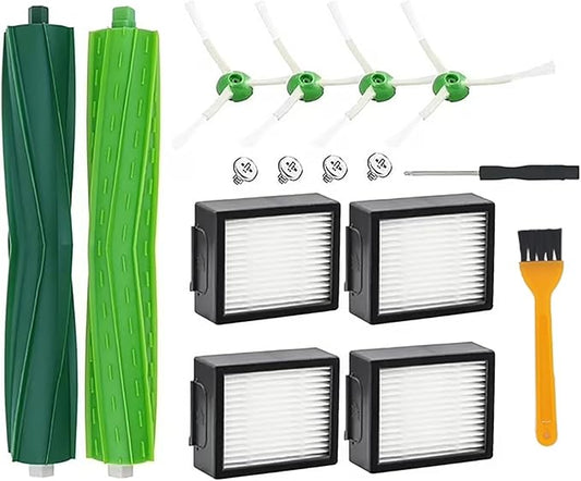 Replacement Parts Compatible with iRobot Roomba i7 i7+ i2 i3 i3+ i4 i4+ i6 i6+ i8 i8+/Plus j7 E5 E6 E7, 2 Rubber Brushes, 4 HEPA Filters, 4 Side Brushes, 1 Screwdriver, 1 Cleaning Brush,12 Pack
