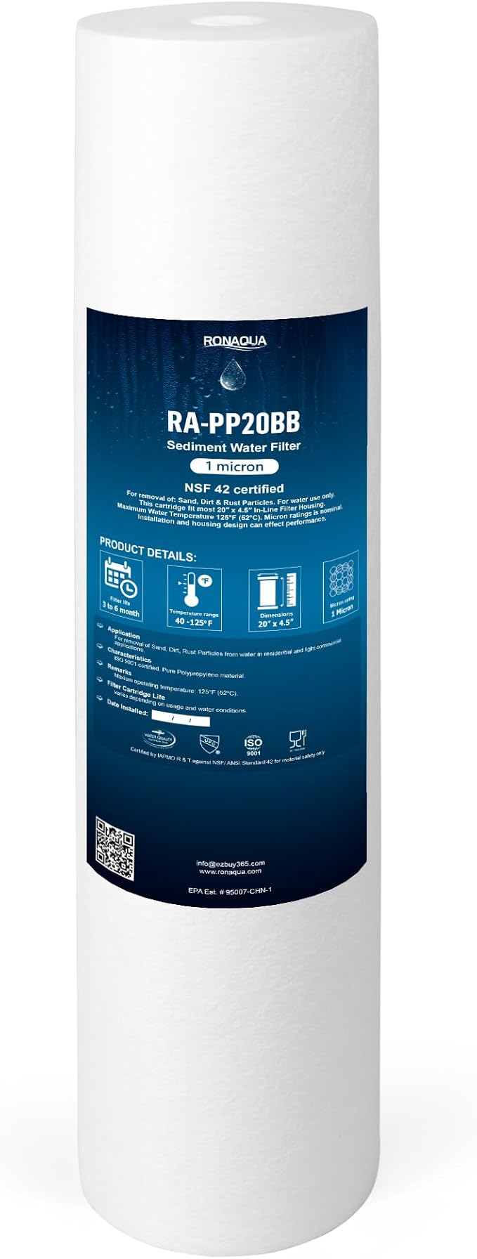 Ronaqua 20" x 4.5" Big Sediment Replacement Water Filter Cartridge, 1 Micron, NSF Certified, for Whole House, Compatible with 155358-43, 2PP20BB1M, AP810-2, FPMB-BB5-20, P5-20BB, SDC-45-2005