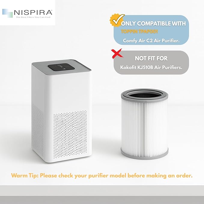 Nispira 3-in-1 True HEPA with Activated Charcoal Replacement Filters, Compatible with TOPPIN TPAP001 Air Purifier Comfy Air C2, 2-Packs