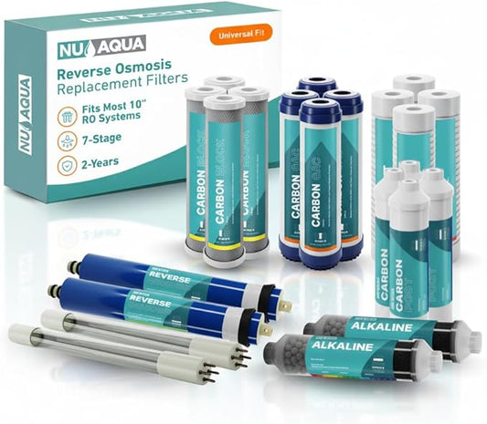 NU Aqua Reverse Osmosis Water Filter System Replacement Set - 7 Stage 2 Year Alkaline & UV Under Sink Kit - Membrane, Sediment, Carbon Filters, Parts & Fittings - Universal RO Filtration Cartridge