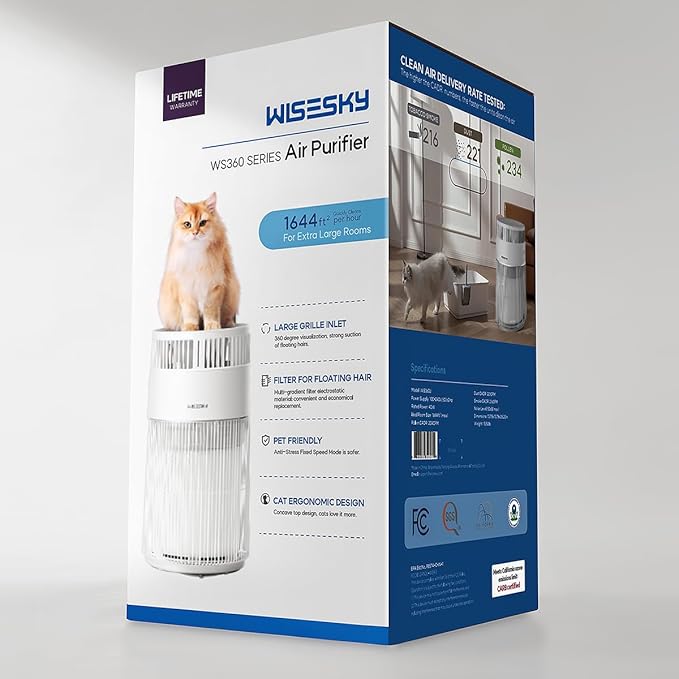 Pet Air Purifier, 3-in-1 HEPA Filter for Cat Hair Dander Odor Dust, for Home Large Room, Up to 1644 ft², Smart App Control, 360° Air Intake, W-Cat, White