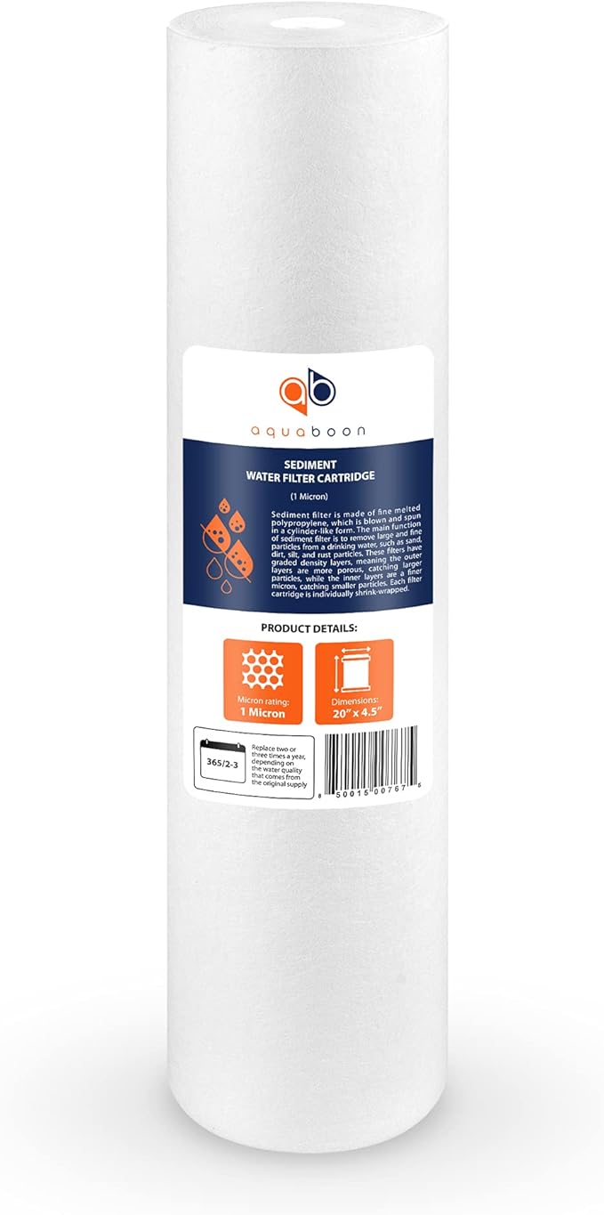 Aquaboon 1 Micron 20" Sediment Water Filter Replacement Cartridge | Whole House Sediment Filtration | Compatible with AP810-2, SDC-45-2005, FPMB5-20, P5-20, FP25B, 155358-43, 8 Pack