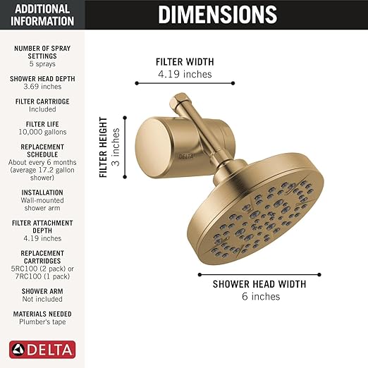Delta Faucet 5-Setting Shower Head Gold with Clarifi Standard Shower Filter Attachment with Filter