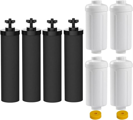 Water Filter Replacement Compatible with Berkey® Gravity Filter Filtration System, NSF/ANSI 42 Certified 4 Black Filters and 4 Fluoride Filters PF2 for Travel, Big, Royal Series