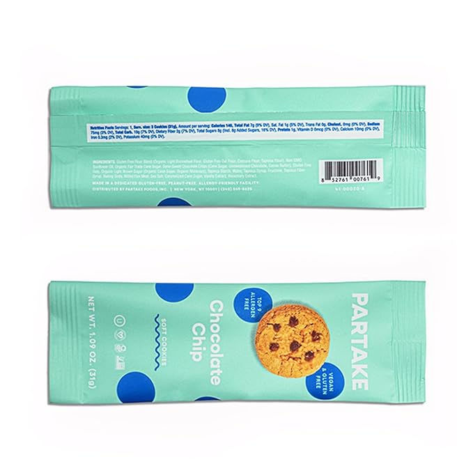 Partake Gluten Free Soft Baked Chocolate Chip Cookies - Vegan - Free From the Top 9 Allergens Including Dairy, Wheat, Soy, Eggs, & Peanuts - Non GMO - Safe School & Office Snack (48 Packs, 1.09 oz)