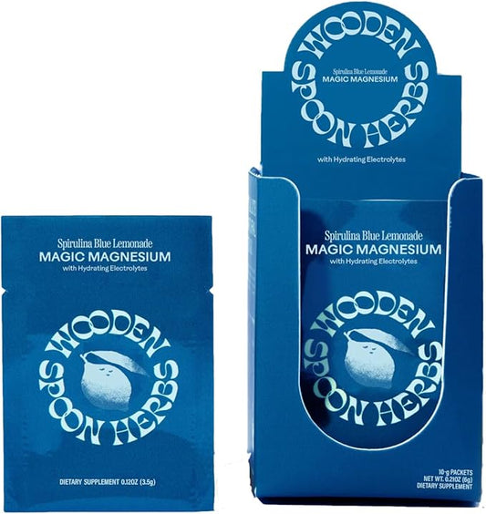 Wooden Spoon Herbs Magic Magnesium Citrate Powder Supplement | Anxiety & Stress Relief, Muscle, Bone, & Digestive Health, & Restful Sleep | Lemonade Flavor & Fun Spirulina Blue Color | Sachets (10-pk)