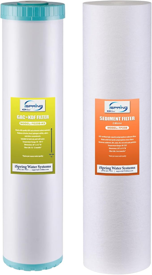 iSpring F2WGB22BKS 4.5” x 20” 2-Stage Whole House Water Filter Replacement Pack, Reduces Sediments, Heavy Metals, Chlorine, PFAS, Hydrogen Sulfide, Chloramine, Fits WGB22B-KS