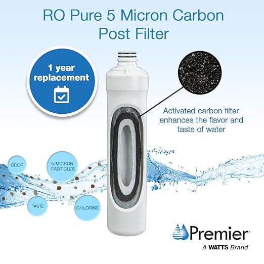 Watts Premier 5-Micron Activated Carbon Post-Filter for RO Pure/Pure Plus/Zero Pure Plus Reverse Osmosis System, Final Polishing Water Filter Replacement, Push Button Assembly