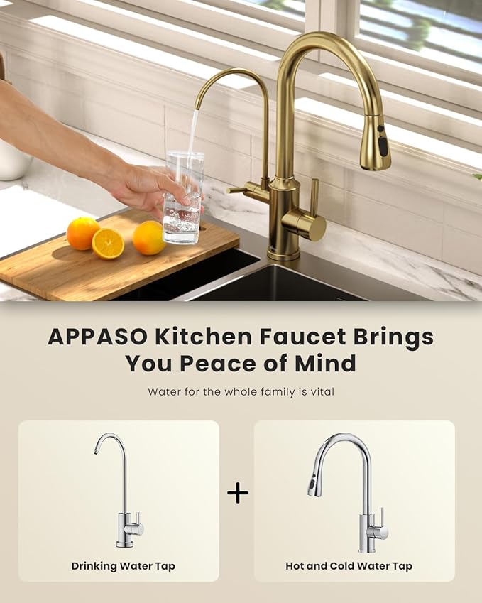 APPASO Kitchen Faucet with Water Filter, 2 Handle 3 Way Gold Kitchen Sink Faucet, High Arch 3 Hole Kitchen Faucet with Pull Down Sprayer - 3 in 1 Faucet (Without Water Filtration Device)
