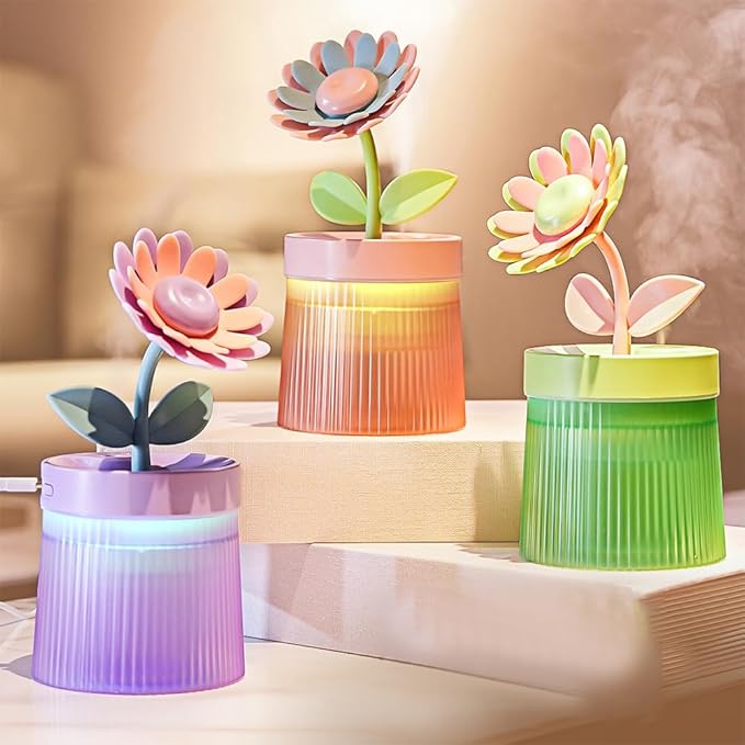 Flower Mist Humidifier, 260ML Mini Desk Humidifier 2 Misting Modes Auto-Off Portable Humidifier with Colorful Light for Car Office Home Bedroom