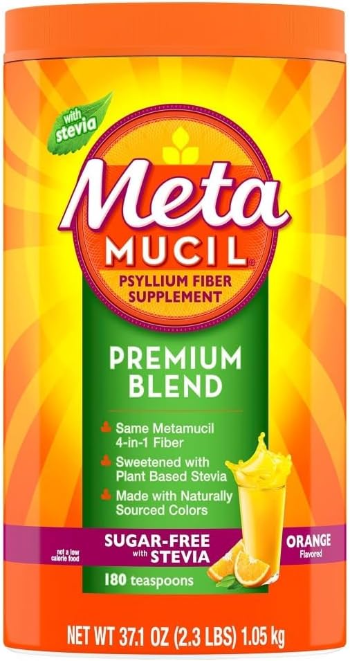 Metamucil Premium Blend, 4-in-1 Fiber Supplement for Digestive Health, Psyllium Husk Powder, Sugar-Free with Stevia, Plant-Based Fiber Supplement, Orange Flavored, 180 teaspoons