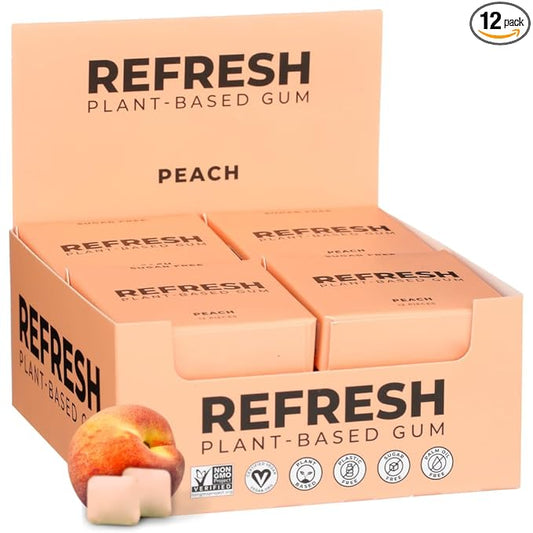 Refresh Gum, Xylitol, Natural, Sugar Free, Aspartame Free, Plastic Free, Natural Flavors & Organic Ingredients, Plant-Based, Low Calorie, Non GMO, Gluten Free, Vegan, Peach Flavor, 12 Pieces, 12 Pack