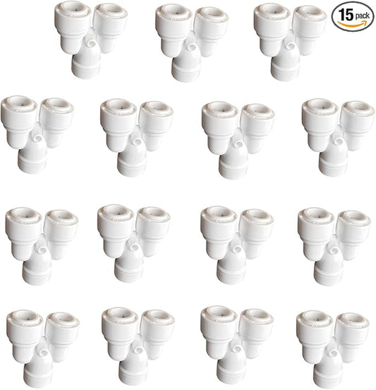 15 Pack 1/4 Inch Y Type 3 Way Tee Splitter Fittings - RO Water Reverse Osmosis Quick Connect Tube Fittings Connectors for Faucet, Dispenser, Ice Maker