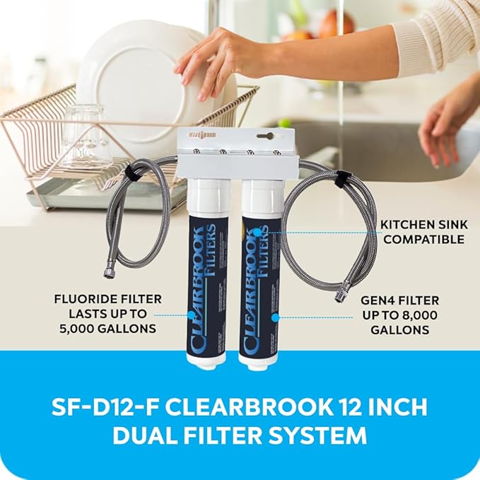 Clearbrook 12-Inch Dual Filter System, Fluoride & Gen4 Filters, Under Sink Water Filter, Dual Stage Filtration, Kitchen Sink Compatible, 8K Gallons Capacity, Quick Install