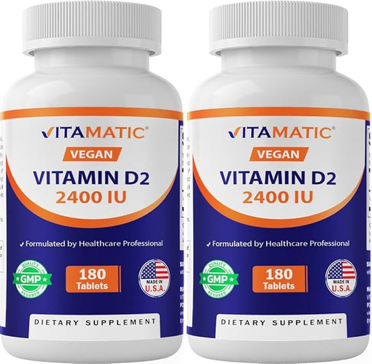 Vitamatic Vitamin D2 60 mcg (2400 IU) - Ergocalciferol - 180 Vegetarian Tablets (180 Tablets (Pack of 1)) (2 Bottles)
