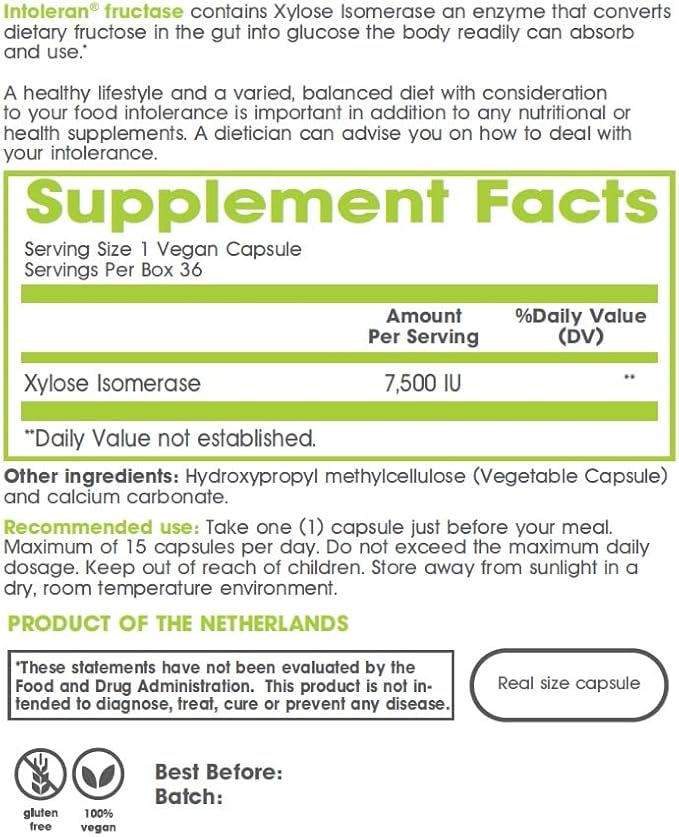Fructase Digestive Enzymes - 36 Capsules | Supplement for Fructose Intolerance | Enzymes to Help Digest Sugary Foods & Drinks (Fruit Sugar) | Fast Acting | Pure and Vegan | Low FODMAP