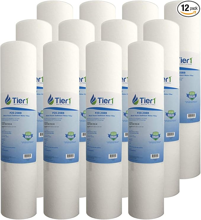 Tier1 20 Micron 20 Inch x 4.5 Inch | 12-Pack Spun Wound Polypropylene Whole House Sediment Water Filter Replacement Cartridge | Compatible with Pentek DGD-7525-20, 155356-43, Home Water Filter