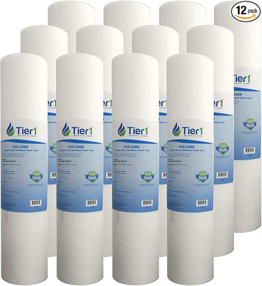 Tier1 20 Micron 20 Inch x 4.5 Inch | 12-Pack Spun Wound Polypropylene Whole House Sediment Water Filter Replacement Cartridge | Compatible with Pentek DGD-7525-20, 155356-43, Home Water Filter
