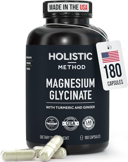 Magnesium Glycinate Capsules with Organic Turmeric and Ginger - 180 Vegan Capsules for Sleep, Relaxation, Muscle Cramps and Immune Support