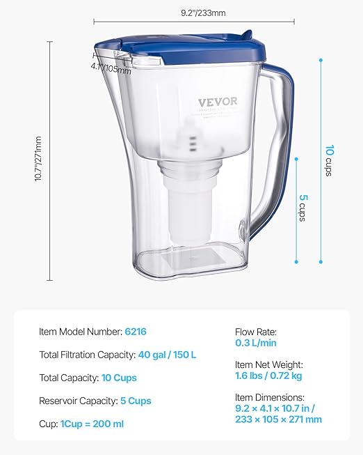 VEVOR Water Filter Pitcher, 9 Cup 5-Stage Water Filter Dispenser, Fast Filtration System with Filter Change Indicator, No BPA, Lasts 3 Months or 40 Gallons, Reduces Limescale, Lead, Chlorine, Odors