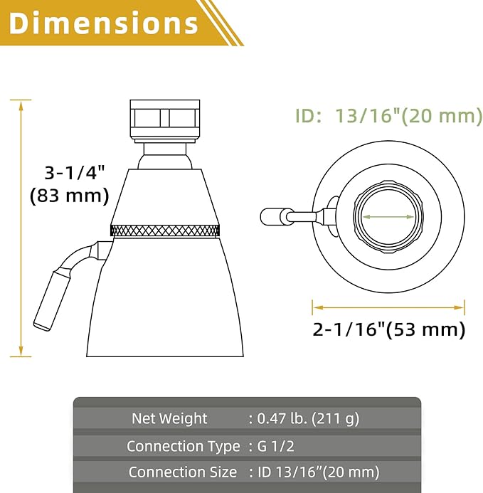 APLusee Brushed Gold Shower Head, High Flow Shower Sprayer with Rotary Joint, Solid Brass