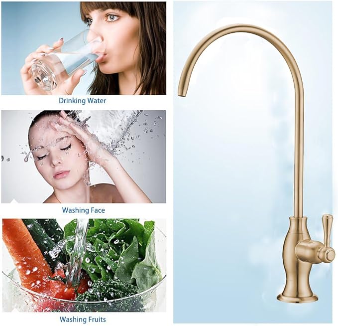 Delle Rosa Brushed Gold Drinking Water Faucet, Solid Brass Kitchen Water Filter Faucet, Classical Water Filtration Faucet for Under Sink Water Filter System Brushed Gold（Light Gold）