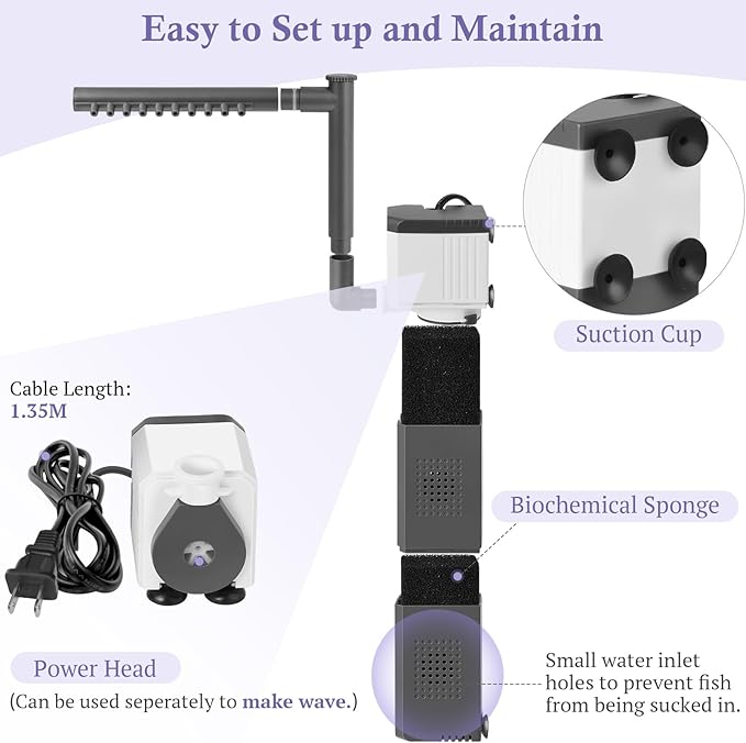 20W Large and Powerful Aquarium Filter, Adjustable Filter for 40-80Gal Fish Tank with Biochemical Sponges, Submersible Fish/Turtle Water Filters, Filtration/Oxygenation/Water Cycle 3in1 Filter