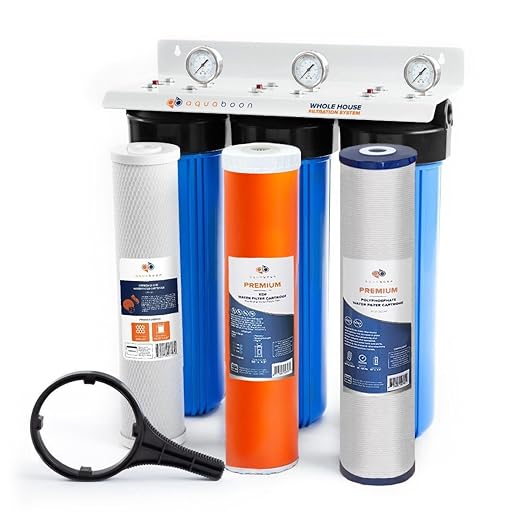 Aquaboon Whole House 3-Stage Water Filter System with 20x4.5 Anti-Scale, KDF, Carbon Filters, Pressure Gauges & Release, Wrench, Iron Bracket