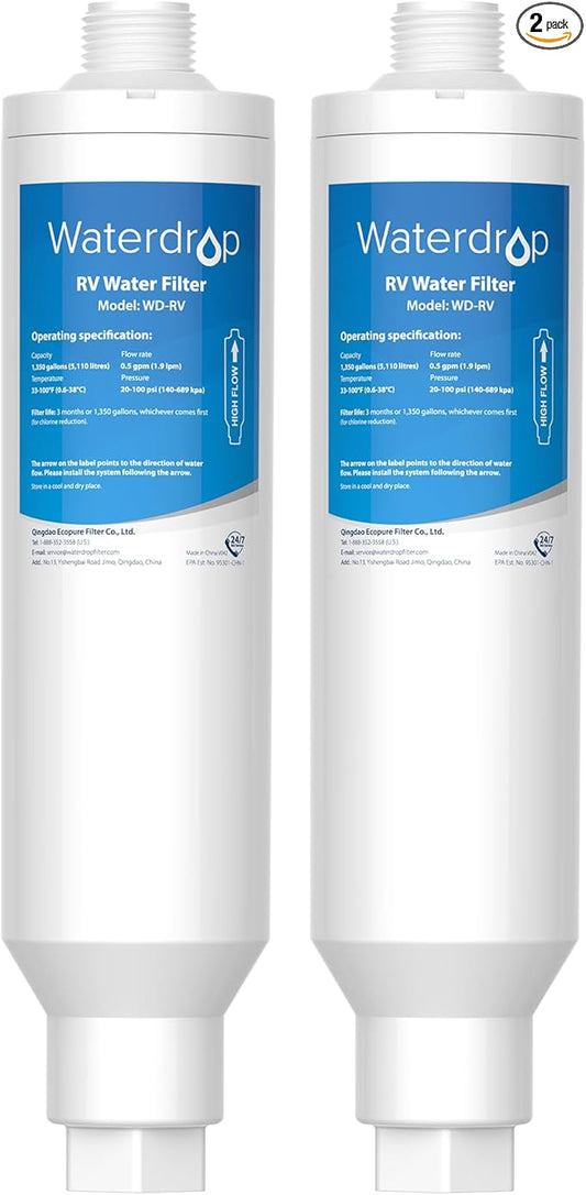 Waterdrop RV/Marine Water Filter, Camper Water Filter, NSF Certified, Garden Hose Filter, Greatly Reduces Chlorine, Bad Taste, Odor, 2 Pack