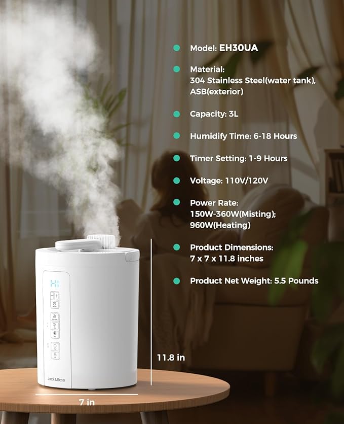 Healthy Warm Mist Humidifiers for Bedroom, 100oz Stainless Steel Humidifier Easy Clean, Steam Humidifier for Living Room, Whisper-Quiet and Filterless, with Sleep Mode and Timer, Auto-off Setting