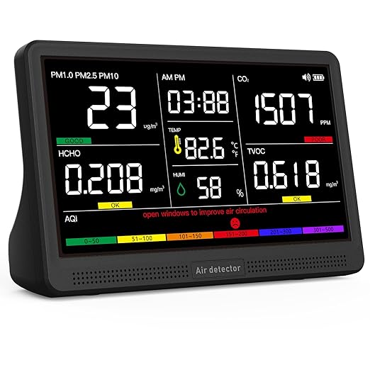 16 in 1 Air Quality Monitor Indoor 7" Display 9 AQI+7 AQI Alerts Air Quality Meter for CO2, TVOC, PM2.5, PM1.0, PM10, HCHO, Temperature, Humidity, AQI & Time, Air Detector Air Quality Tester for Home