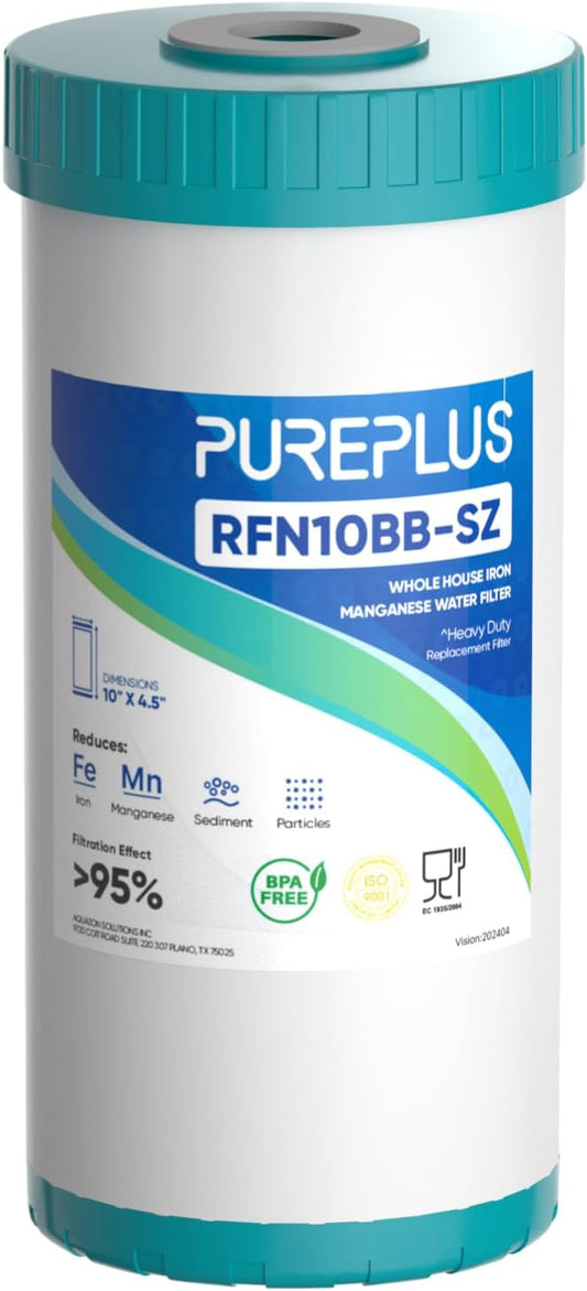 PUREPLUS 5 Micron 10" x 4.5" Whole House Iron & Manganese Reduce Water Filter Replacement for FM15B, WD-WF10F, RFFE10-BB, RFN10BB-SZ, 10-Inch, Pack of 1