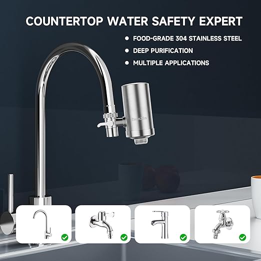 Stainless Steel Water Filter for Sink Faucet, Water Purifier for Kitchen Sink, Reduces PFAS, Lead, Chlorine & Microplastics, 350 Gallons Long-Lasting for Kitchen & Bathroom, 2 Filters