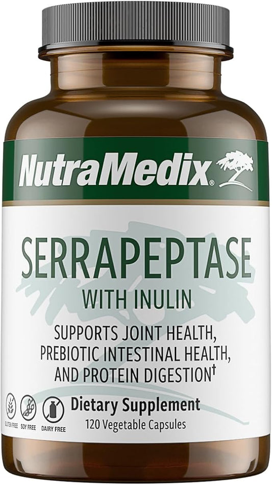 NutraMedix Serrapeptase Supplement with Proteolytic Digestive Enzymes for Women & Men - Inulin Prebiotic Fiber for Gut Health & Joint Support - Dairy, Soy & Gluten-Free (120 Capsules)