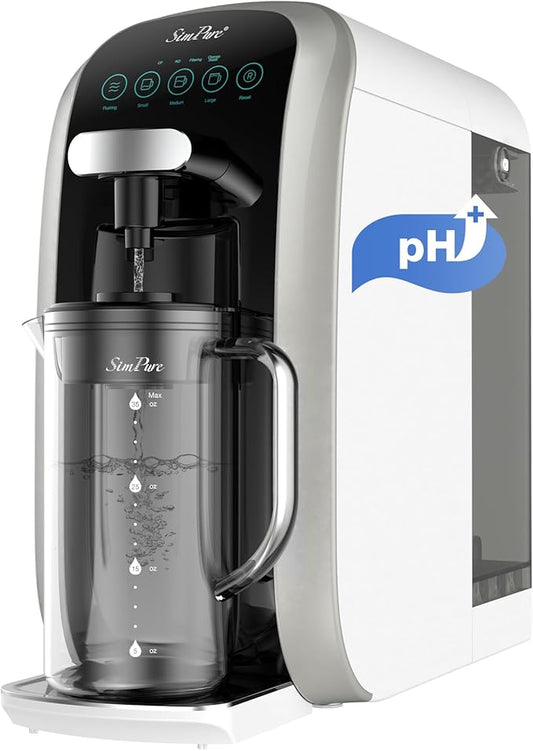SimPure Y7T-A Countertop Reverse Osmosis Water Filter, NSF/ANSI 58 Certified, 100GPD 5 Stage RO Water Filtration System with pH+ Remineralization, Water Purifier with Glass Pitcher, No Installation