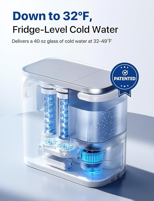 NOVETE Reverse Osmosis Water Filter Countertop, UV Cold Water Down to 32℉, NSF/ANSI 42/58 Certified, 4:1 Pure to Drain, No Installation Needed, 8-Stage RO Water Filtration System, CRF0A-QS, White
