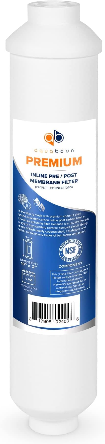Aquaboon T33 Inline Carbon Filter - 1/4 Inline Water Filter for Refrigerator T33 Inline Ro Post/Granular Activated Carbon (GAC) Polishing Water Filter Cartridge for Reverse Osmosis System 12-Pack