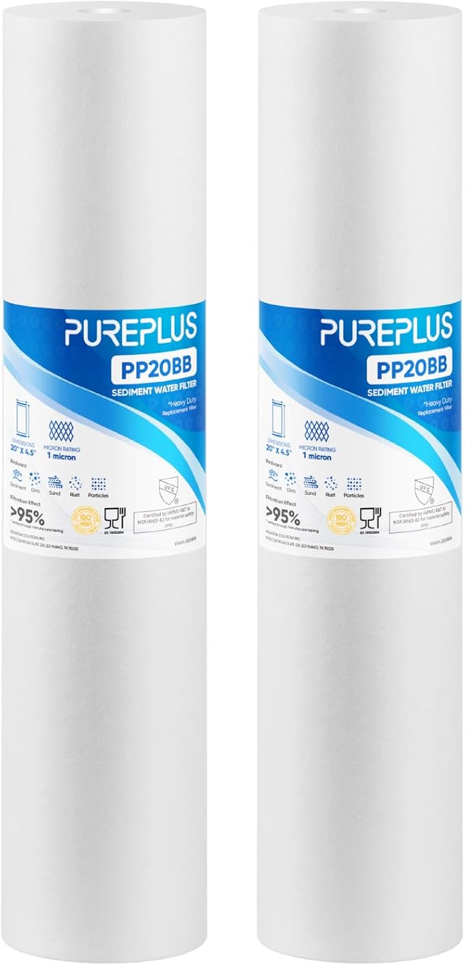 PUREPLUS 1 Micron 20" x 4.5" Whole House Sediment Home Water Filter Replacement Cartridge, Compatible with DGD-5005-20, AP810-2, P5-20BB, FP25B, FPMB5-20, 155358-43, SDC-45-2005, 2 Pack