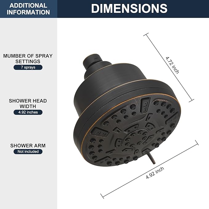 High Pressure Shower Filter Head Oil Rubbed Bronze Fixed Shower Head 7 Settings, 4.9" Bathroom Rain Shower Head with Enhanced Filter for Hard Water, Reduces Chlorine and Harmful Substances