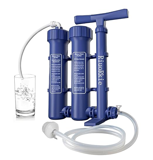 Water Purifier Survival Water Purification - Water Filter Camping Filtration System Survival Emergency, Hand Pump, 1.5L/Min High-Volume, 3-Stage Water Purification System for Group Camping and Etc
