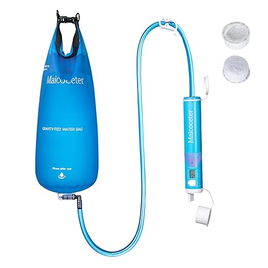 Üν Gravity Water Filter Straw with 2 Gallon Bag and LED Display, Portable Survival Water Purifier for Travel, Backpacking and Emergency, Compact Gravity Water Filtration System for Outdoor Adventures