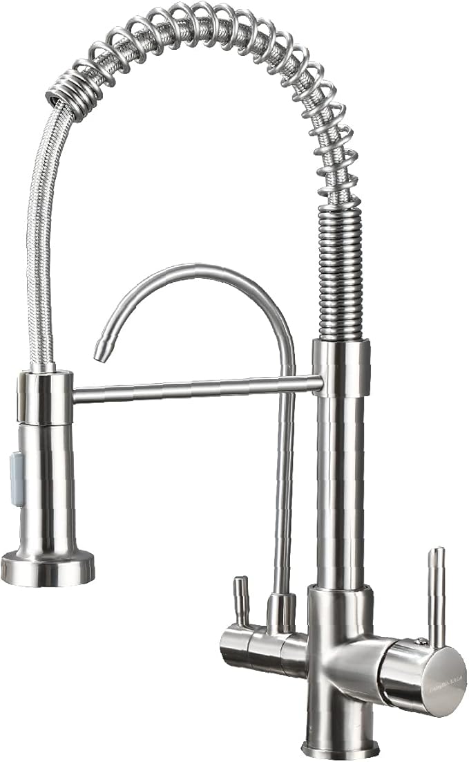 HUAHUALALA Kitchen Faucet with Filter, 3 in 1 Kitchen Sink Faucet 2 Handle with Spring Sprayer，Brass Drinking Water Faucets Reverse Osmosis Brushed Nickel