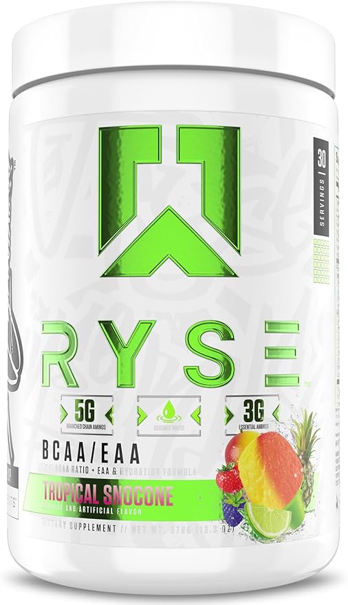 RYSE BCAA EAA Powder - Tropical Snocone - 5g Branched Chain Amino Acids, 3g Essential Aminos, Sugar-Free Electrolytes for Pre & Post Workout Muscle Recovery, Hydration and Strength - 30 Servings