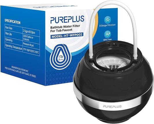 PUREPLUS Bathtub Bath Water Filter for Tub, 8 Stages Kinder Filter for Bathtub, 2500 Gallons Filtration, Removes Contaminants for Softer Skin and Hair, Reduces Chlorine & Heavy Metals, BPA Free, Black