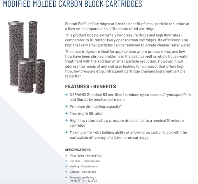 Pentair Pentek FloPlus-10 Carbon Water Filter, 10-Inch, Under Sink Modified Molded Carbon Block Replacement Cartridge, 10" x 2.5", 0.5 Micron