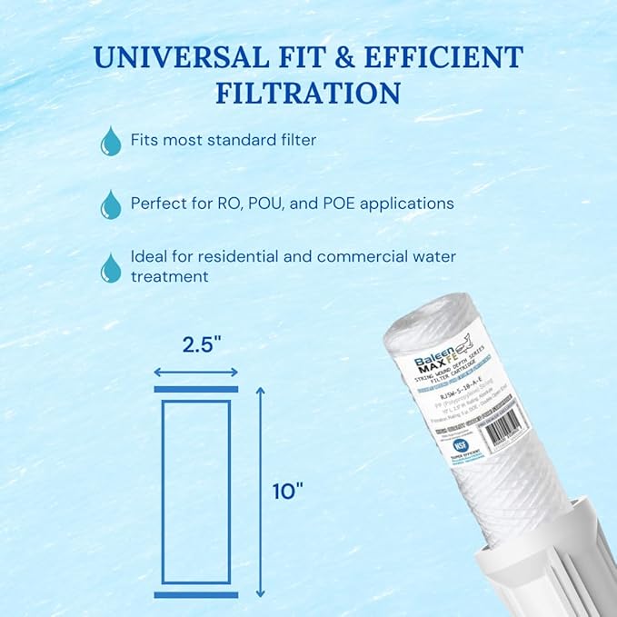 Baleen Filters 2 Pack 5 Micron 10"x2.5" String Wound Whole House Water Sediment Filters, Universal Replacement Cartridge for Well Water, RO System, HDX SWC-25-1005, Watts SF5-978, Pentek WP-5