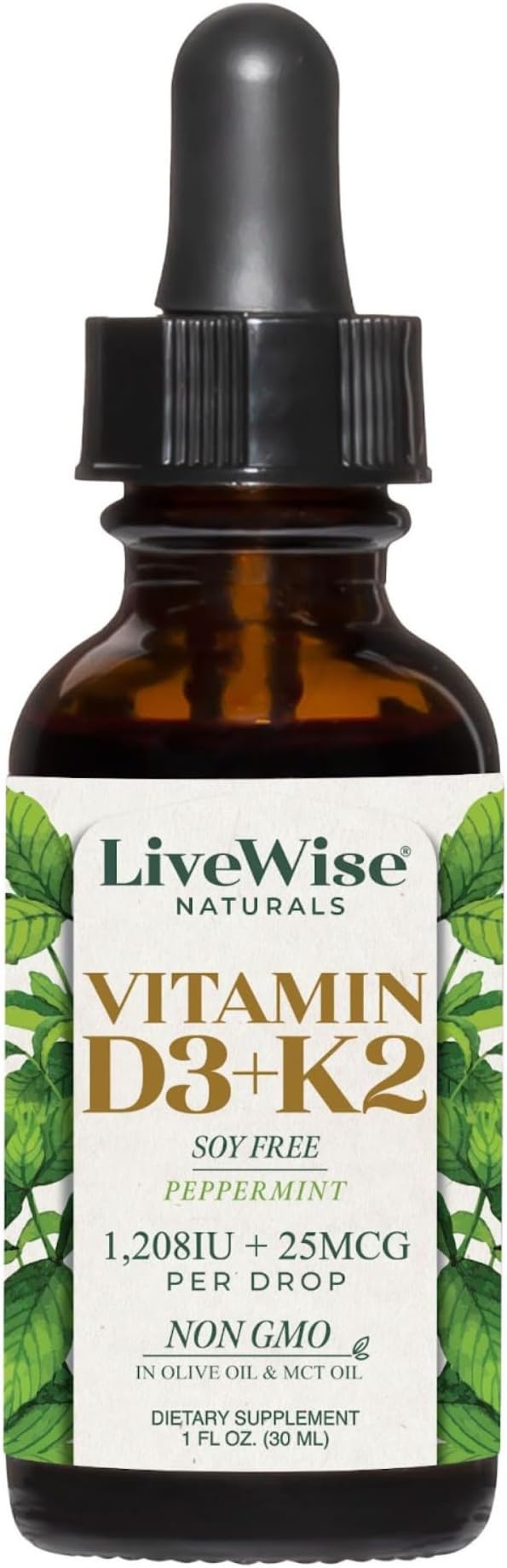 LiveWise Naturals Vitamin D3 with K2 Liquid Drops, All Natural, Non-GMO, USA Made, 1208 IU Vitamin D3 & 25 mcg K2, Supports Bone Health and Energy Levels, Infused with Peppermint, Olive, and MCT Oil