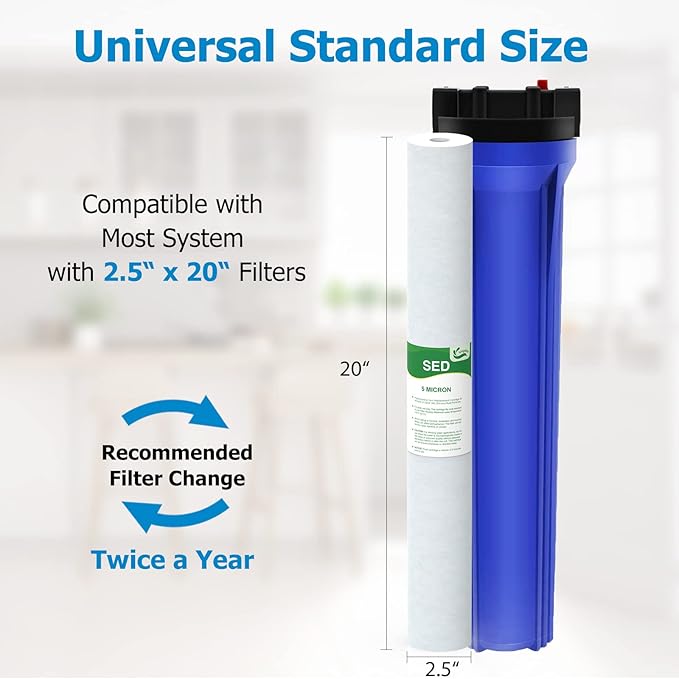 5 Micron Water Filter 20" x 2.5" Replacement Cartridge, 20-inch Sediment Pre-Filters for Whole House Water Filtration/Water Softener Systems, 6-Pack