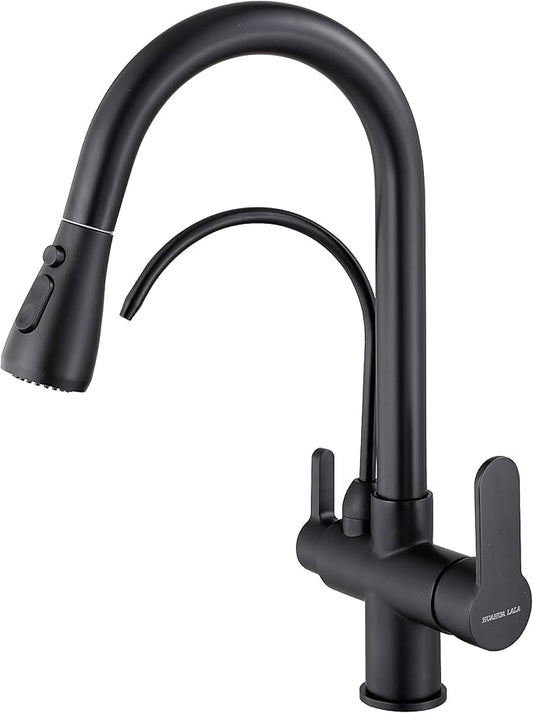 HUAHUALALA Matte Black Kitchen Sink Faucets with Pull Down Sprayer,Drinking Water Faucet,Modern Dual Handle 3-in-1 High Arc Water Filter Purifier Faucet for Reverse Osmosis or Water Filtration System