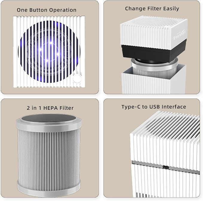 Desktop Air Purifiers for Office, Desk, Small Room, Bedroom, Home, Office, HEPA Air Purifier for Pollen Dust, Odor, No Adapter (White)